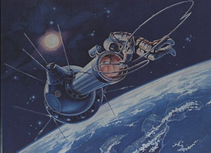 Alexei Leonov's own painting of himself making the world's first spacewalk