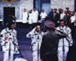 Soyuz TM-15 crew report to State Commission immediately preceding launch, July 27, 1992 - left to right M. Tognini (France), A. Solovyov (Commander), S. Avdeyev