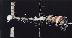 Salyut 7 with a Soyuz spacecraft docked to it in orbit, mid-1980s