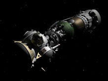 Cosmonaut exiting LK to spacewalk to LOK after returning from the Moon